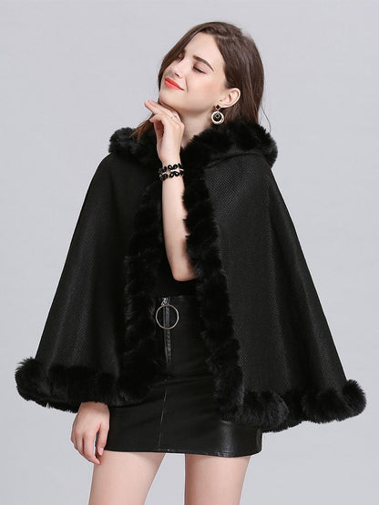 Hooded Winter Coat Faux Fur Long Sleeve Open Front Luxurious Cape Coat for