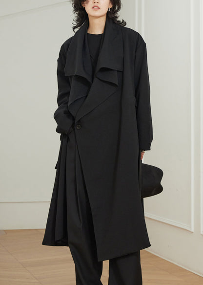 Stylish Black Peter Pan Collar Pockets Maxi Trench Coats Fall