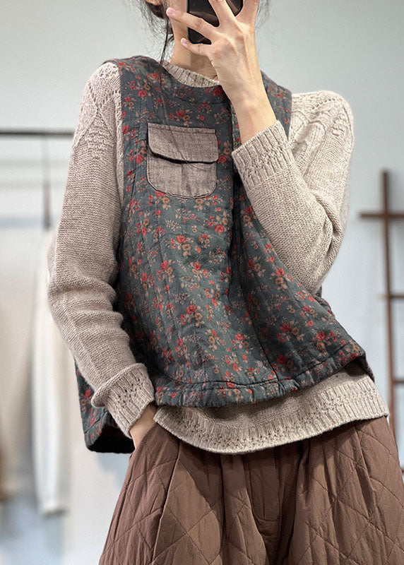 Red O-neck Patchwork Pocket Fine Cotton Filled Vest Tops Winter