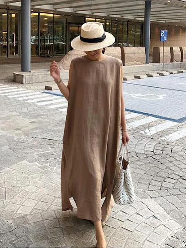 O Neck Side Open Linen Cotton Clothes Fabrics Khaki Dress