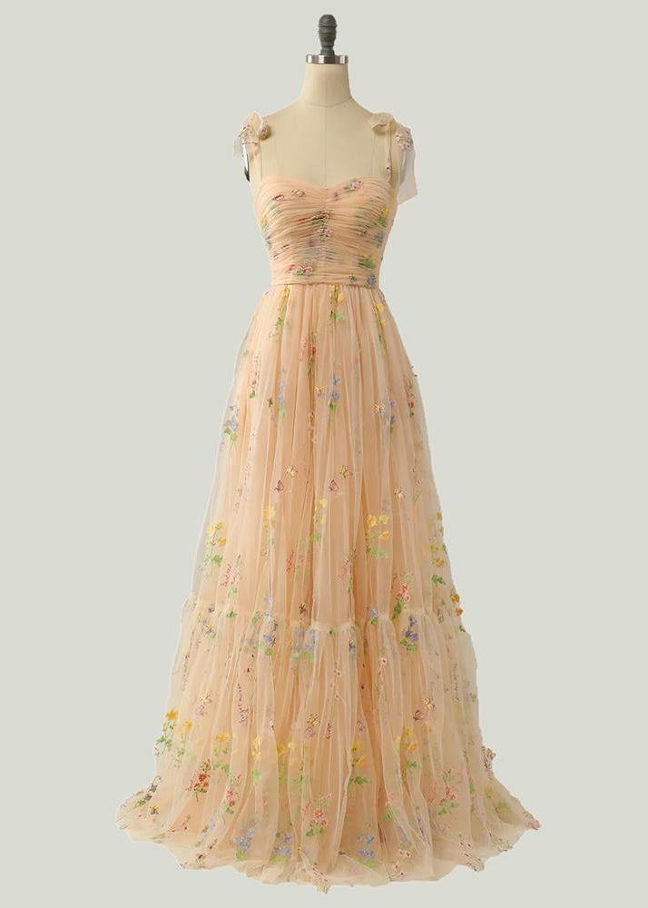 Champagne Color Wrinkled Lace Up Patchwork Tulle Dress Summer