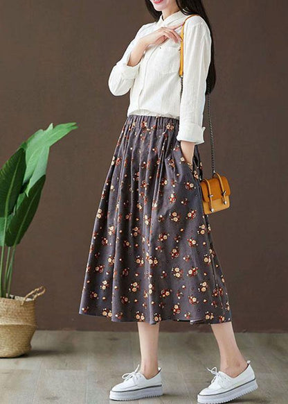 Grey Pockets Print Fall a Line Skirt