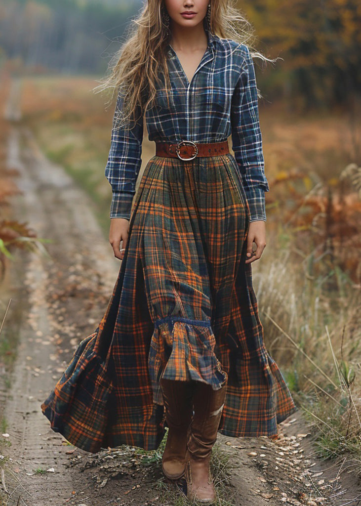 Pastoral Style Plaid Patchwork Cotton Dresses Long Sleeve
