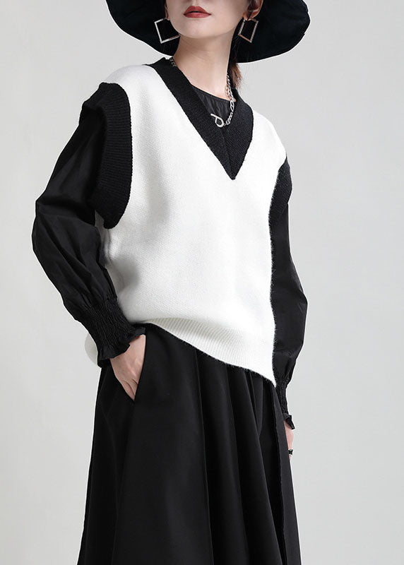 White V Neck Patchwork Thick Knit Vest Tops Winter