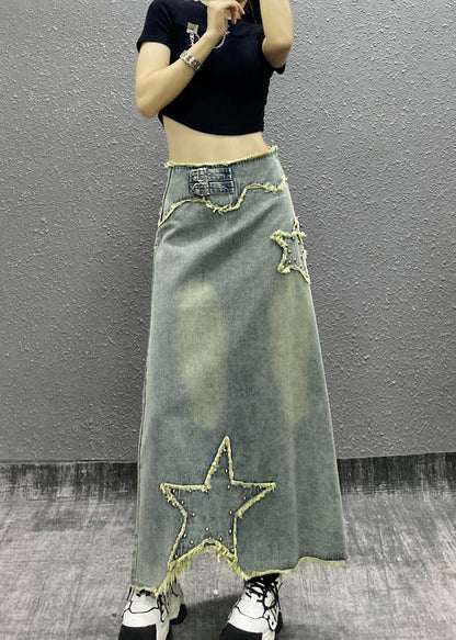 Blue Tasseled Nail Bead High Waist Denim Skirts Spring