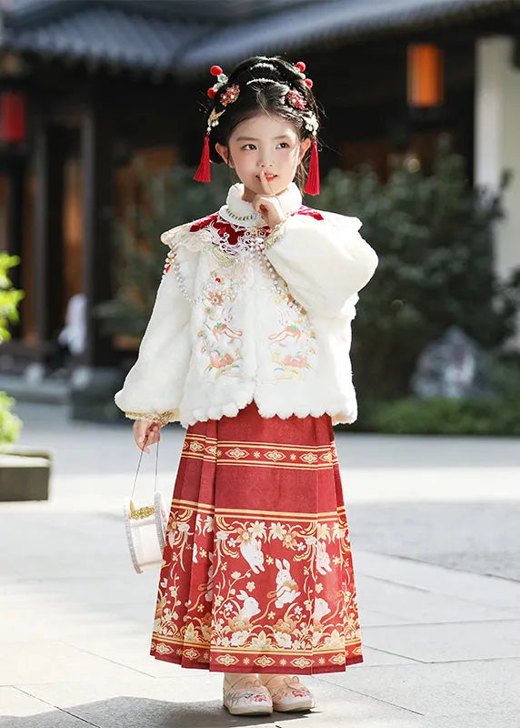 New White Nail Bead Coats and Maxi Skirts Two Pieces Set Winter