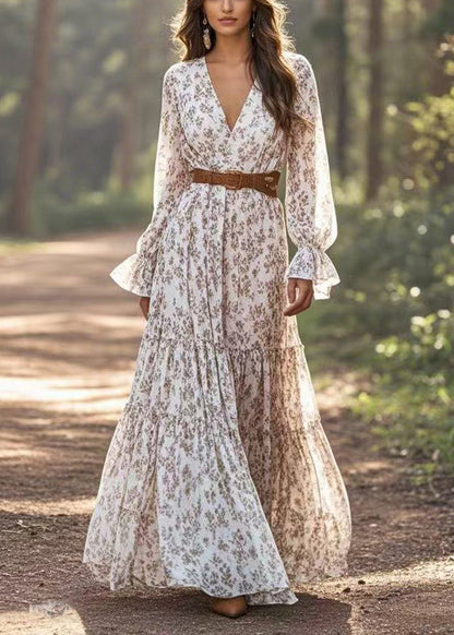 V Neck Patchwork Chiffon Long Dresses Petal Sleeve