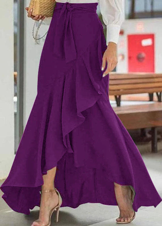 Purple Color High Waist Ruffle High Low Hem Swing Maxi Skirts for