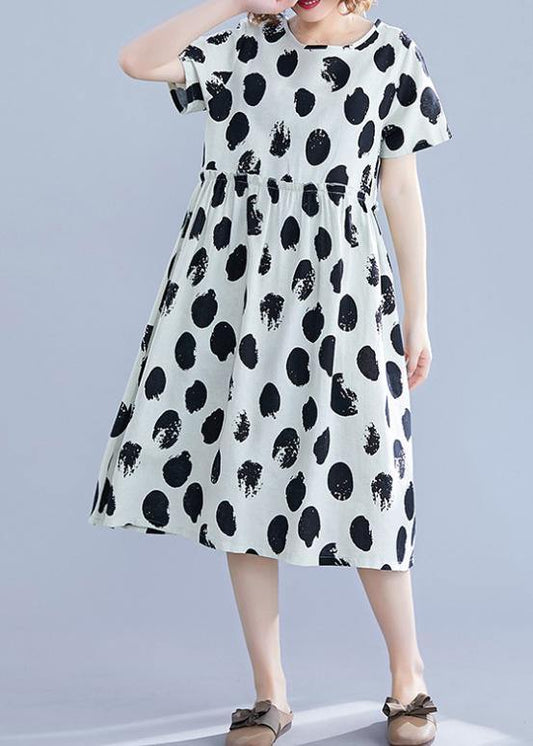 Black Dotted Cotton Tunic Pattern O Neck Short Sleeve Shift Dresses