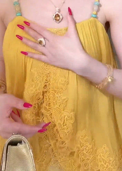 Yellow Lace Patchwork Spaghetti Strap Tops Summer