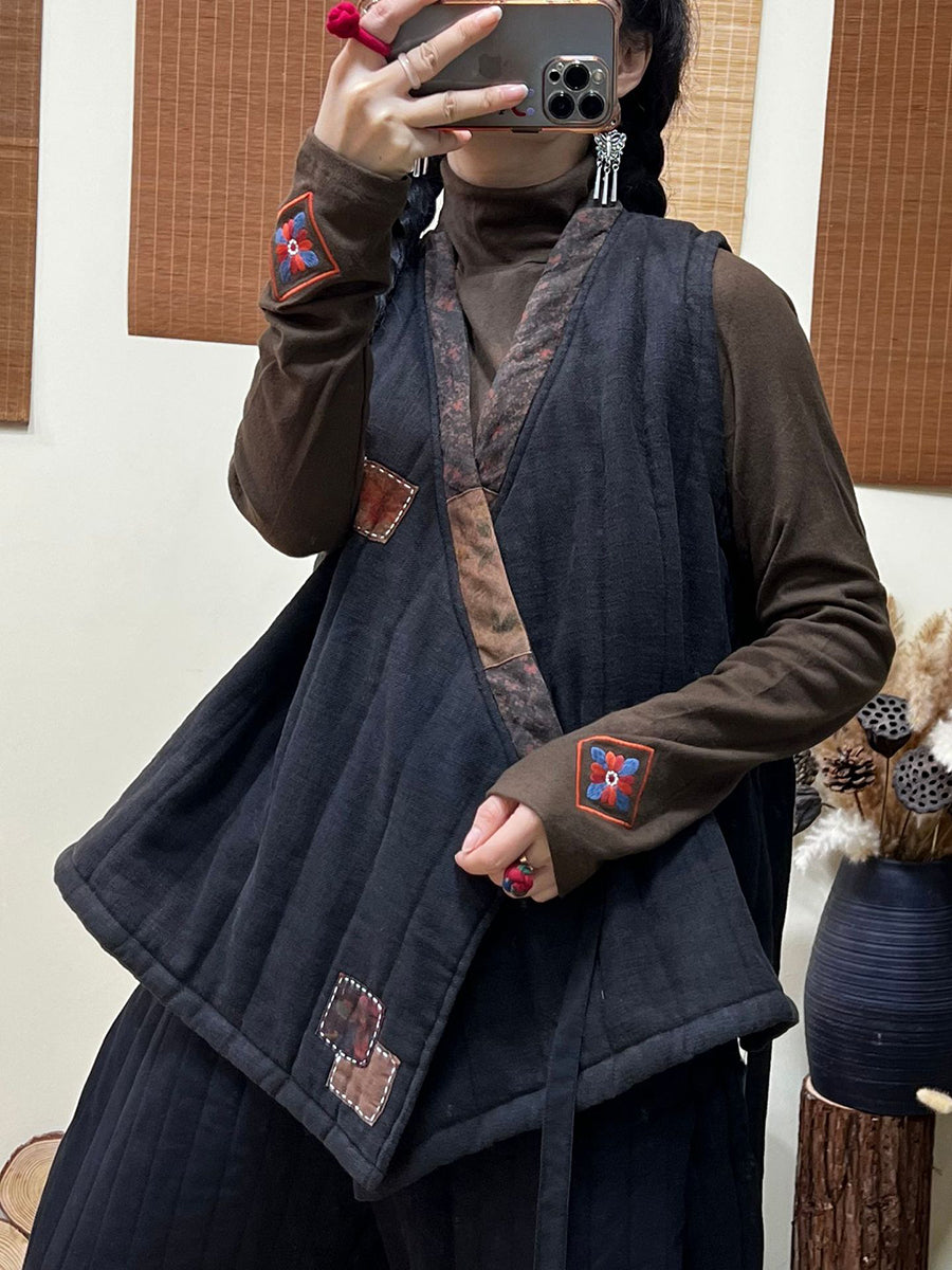 Winter Style Patch Loose Belt V-neck Vest