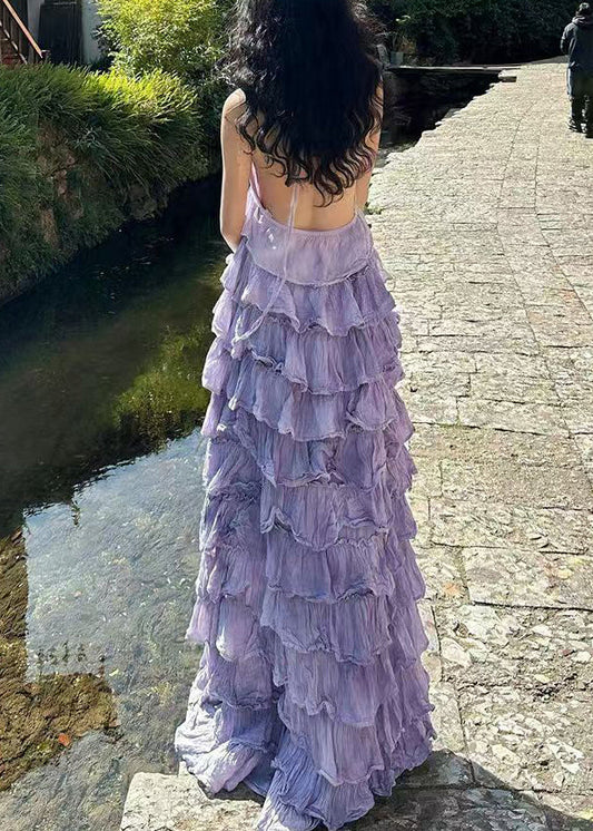 Purple V Neck Backless Cotton Maxi Dresses Sleeveless