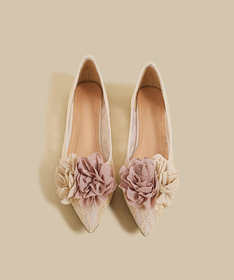 Apricot Lace Flat Feet Shoes Splicing Pointed Toe