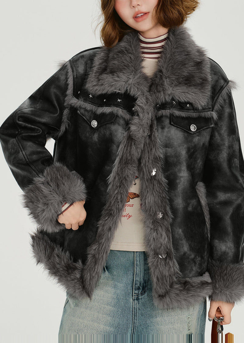 Grey Oversized Tie Dye Faux Leather Jackets Winter