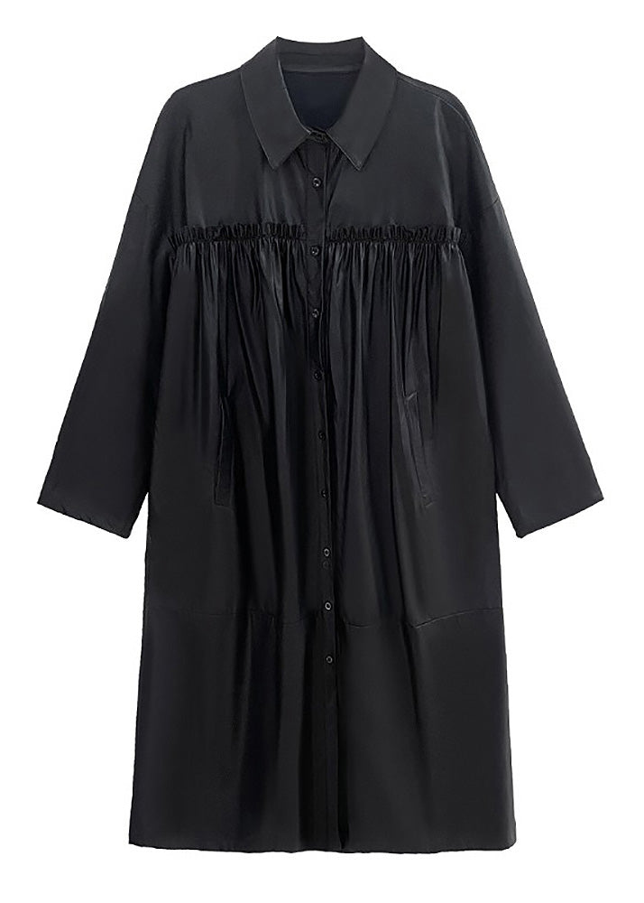 Black Peter Pan Collar Faux Leather Patchwork Wrinkled Button Trench Coats Long Sleeve