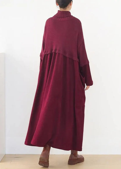 Long Sleeve Sweater High Neck Weather Moda Red Art Sweater Dresses