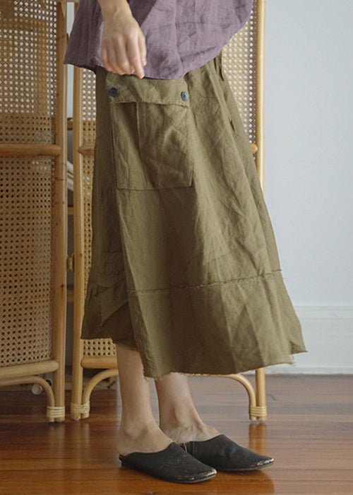 Green Elastic Waist Drawstring Asymmetrical Pocket Linen Skirt Spring
