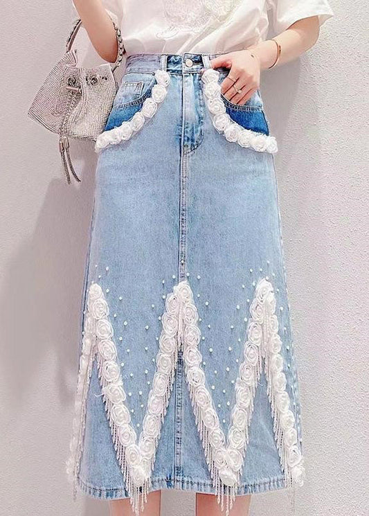 Light Blue Tassel Patchwork High Waist Deninm Skirt Summer