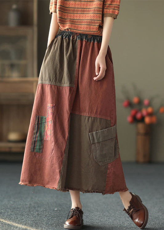 Red Patchwork Elastic Waist Pockets Cotton Denim a Line Skirts Fall