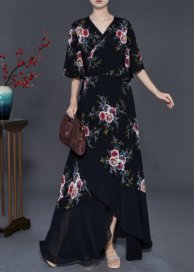 Black Asymmetrical Print Chiffon Maxi Dresses Summer