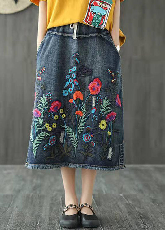 Dark Blue Embroideried Tasseled a Line Summer Skirts Denim