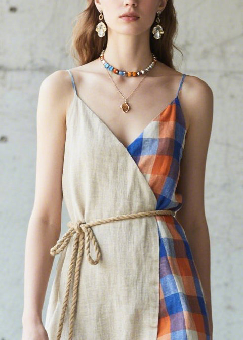 Beige Asymmetrical Patchwork Linen Cami Dresses Summer