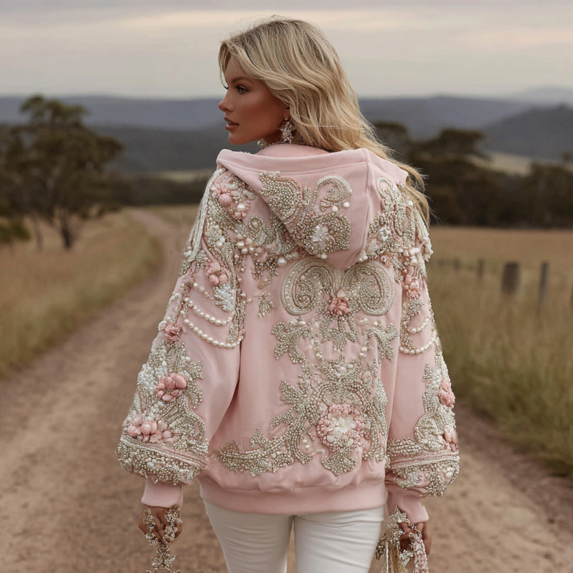 Women's Vintage Flower Embroidery Art Long Sleeve Hoodie elevenforest