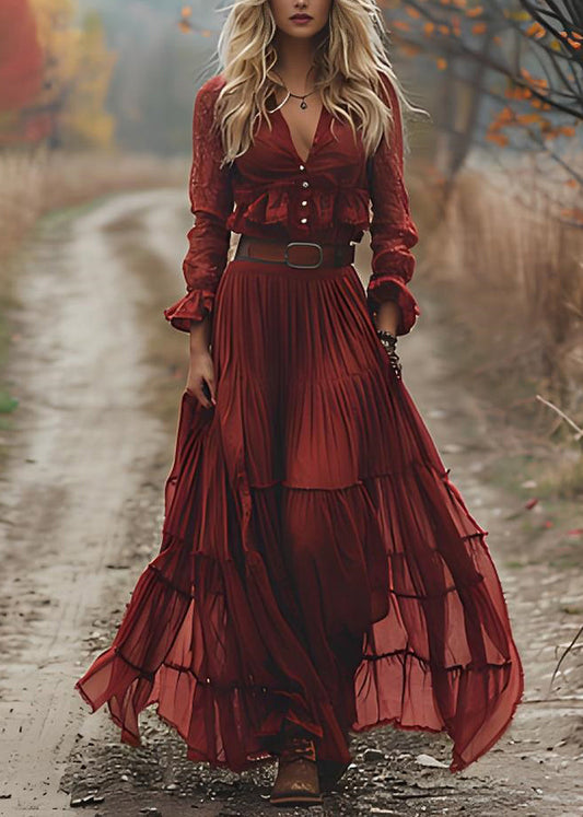 Red V Neck Wrinkled Patchwork Cotton Maxi Dresses Long Sleeve