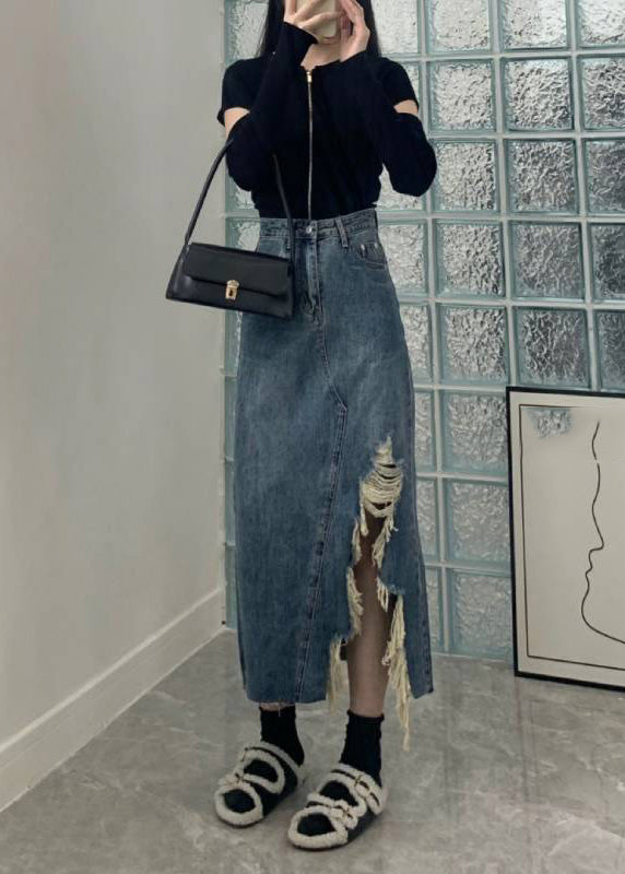 Blue Asymmetrical Pockets Patchwork High Waist a Line Skirt