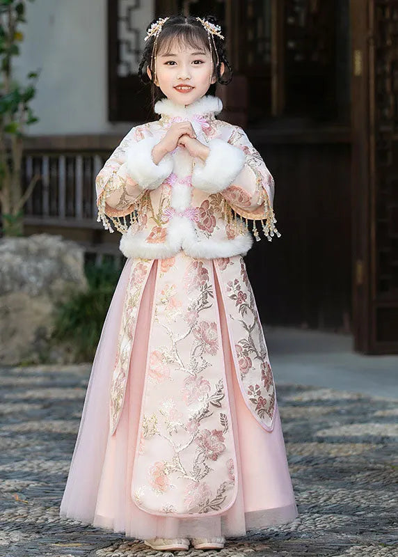 Stylish Champagne Fur Collar Embroideried Tassel Warm Fleece Coats and Tulle Skirts Two Pieces Set Winter