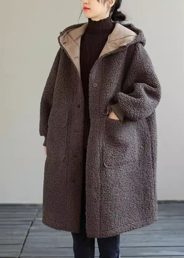 Coffee Hooded Button Faux Fur Winter Coat