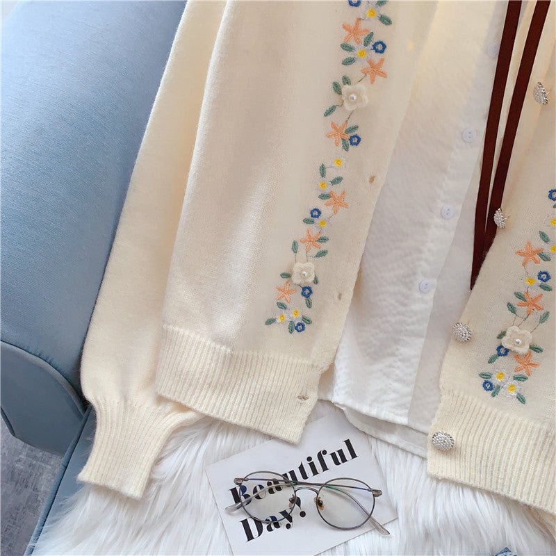 Gentle Fengsen Department Hand Embroidered Flower Sweater Coat 5053