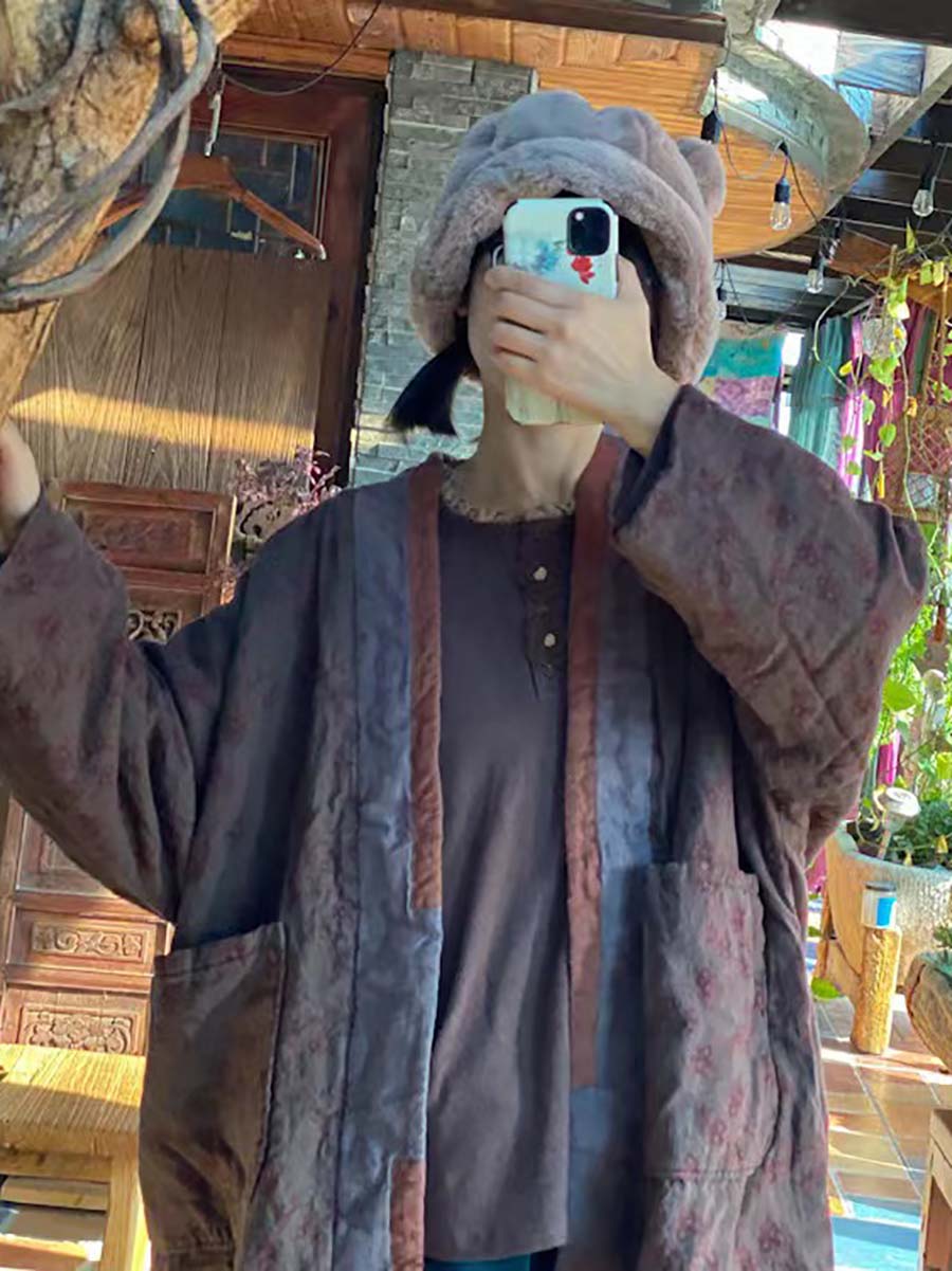 Linen Retro Print Pocket Long Sleeve Coat