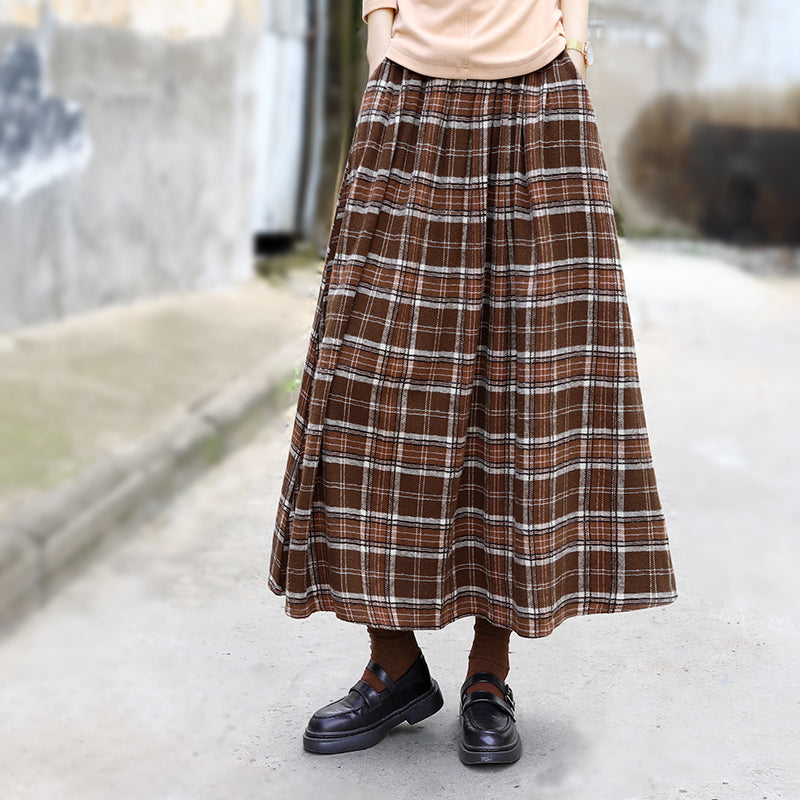 Retro Autumn Cotton Plaid Skirt