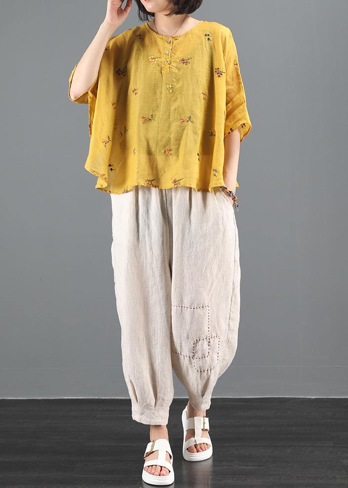 O Neck Batwing Sleeve Tunic Wardrobes Yellow Embroidery Blouses