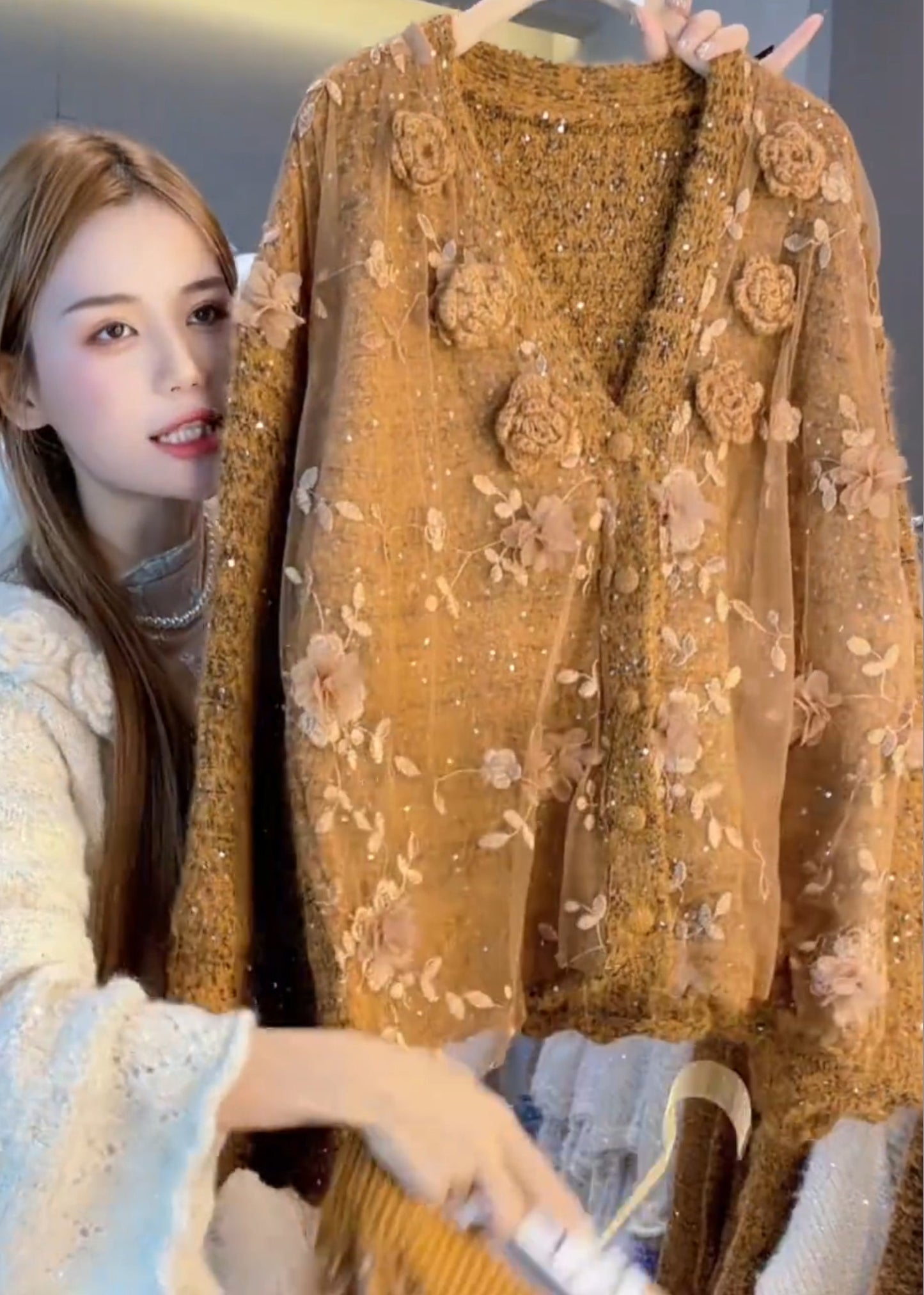 Caramel Oversized Decorated Knit Cardigan Winter