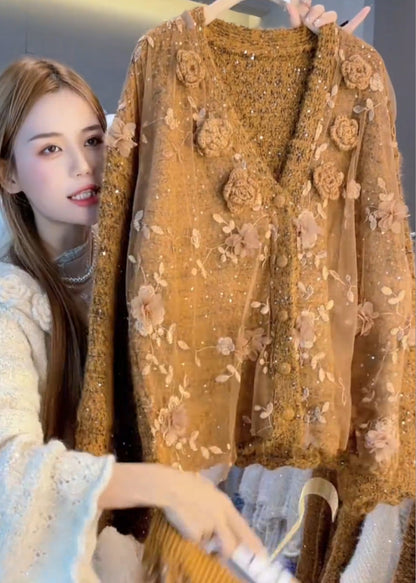 Caramel Oversized Decorated Knit Cardigan Winter