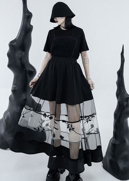 Black Elastic Waist Hollow Out Tulle Patchwork Cotton a Line Skirts Summer