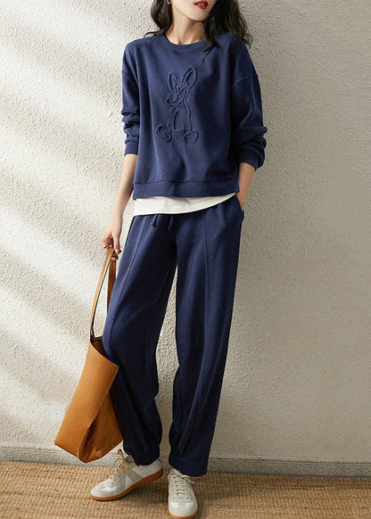 Simple Blue O-neck Patchwork Tops and Pants Cotton Two Pieces Set Fall