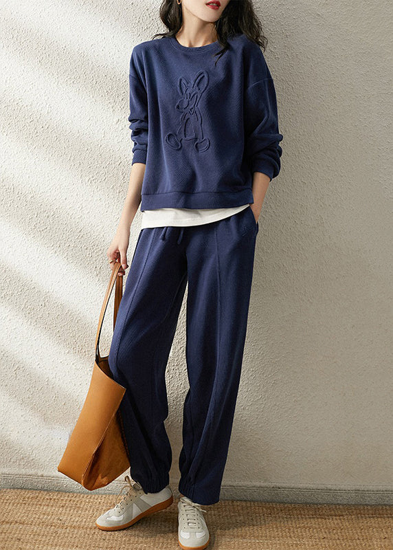 Simple Blue O-neck Patchwork Tops and Pants Cotton Two Pieces Set Fall