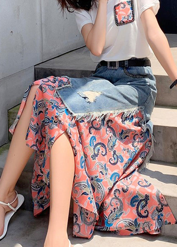 Natural Pink Print Chiffon Patchwork a Line Skirt Summer