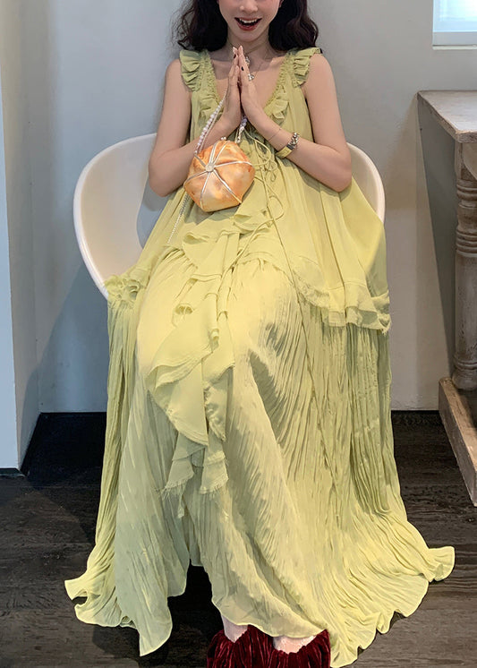 Green V Neck Lace Up Wrinkled Chiffon Long Dress Sleeveless
