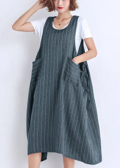 Diy Sleeveless Pockets Cotton Clothes Korea Wardrobes Striped Dress Summer
