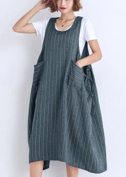 Diy Sleeveless Pockets Cotton Clothes Korea Wardrobes Striped Dress Summer