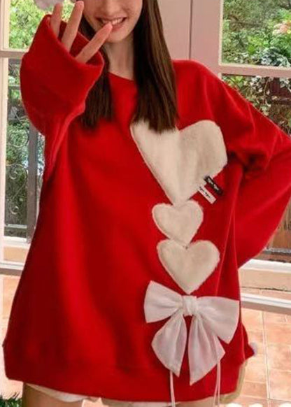 Loose Red O-neck Love Bow Knit Sweaters Spring