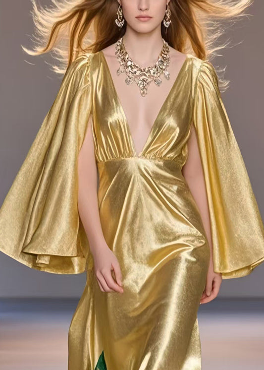 Yellow Deep-v Neck Print Silk Party Dress Cloak Sleeves