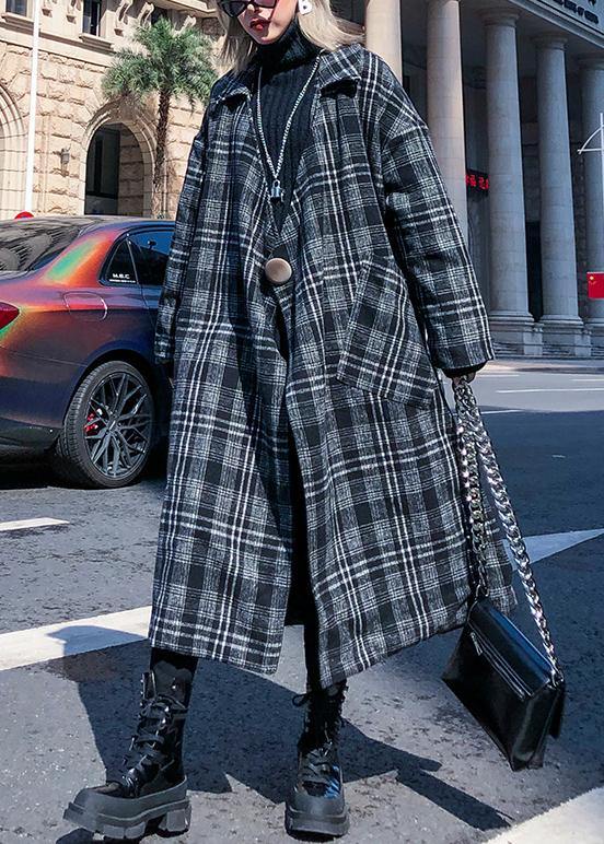 Gray Plaid Woolen Coat Notched Pockets Long Coats