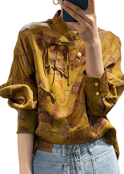 Yellow Button Print Silk Shirt Fall