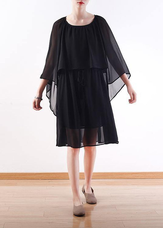 Black Chiffon Long Shirts Indian Shirts Tie Waist Long Summer Dresses