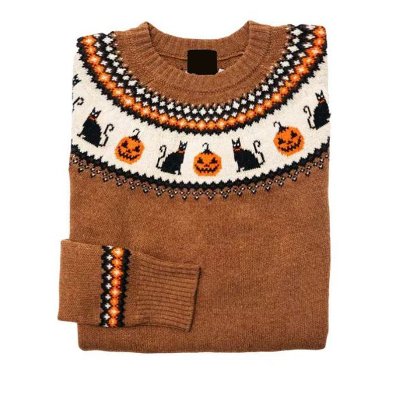 Retro Fall Black Cat Pumpkin Halloween Printed Women's Sweater elevenforest